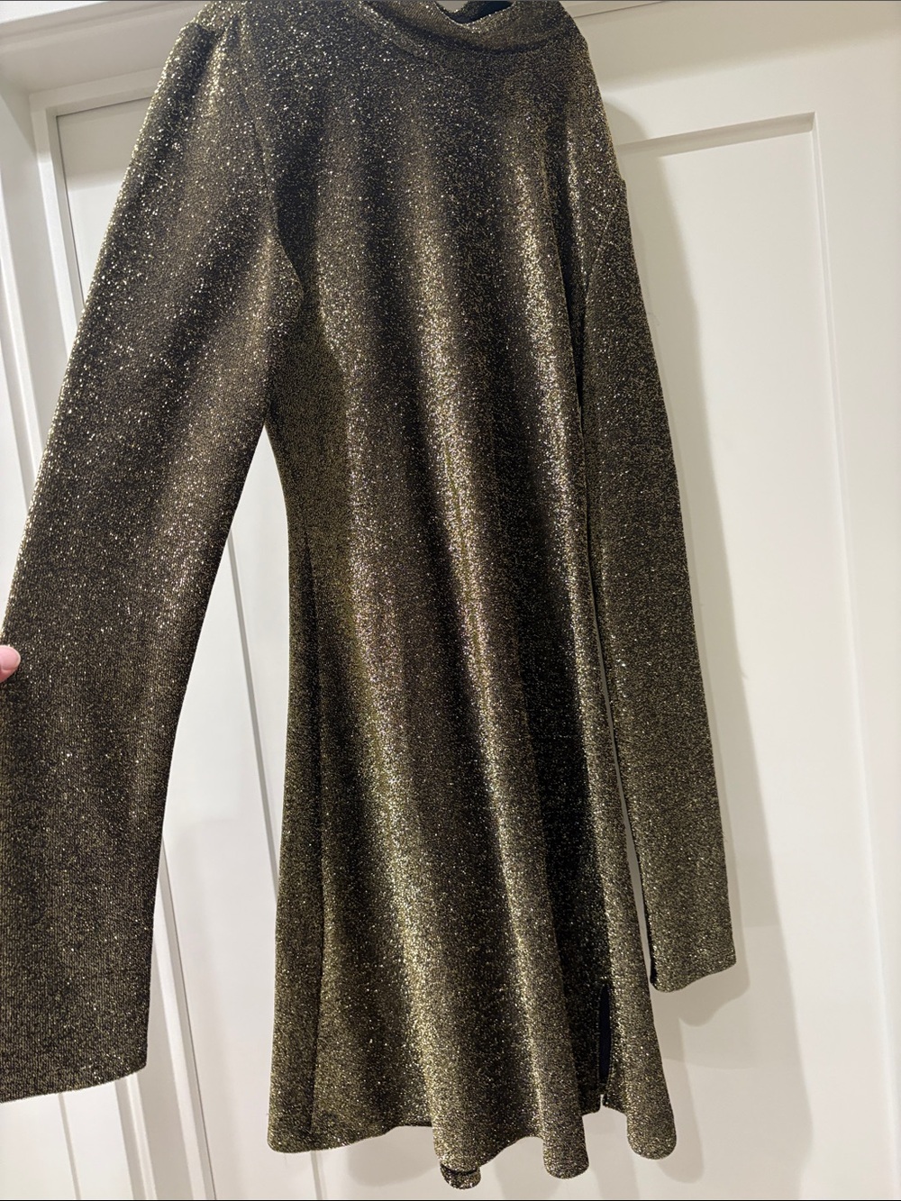 Reformation Glittery Olive-Gold Long Sleeve Dress